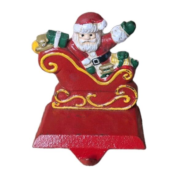 Vintage Cast Iron Christmas Holiday Stocking Holder Hanger Santa In Sleigh 4" - Picture 1 of 6